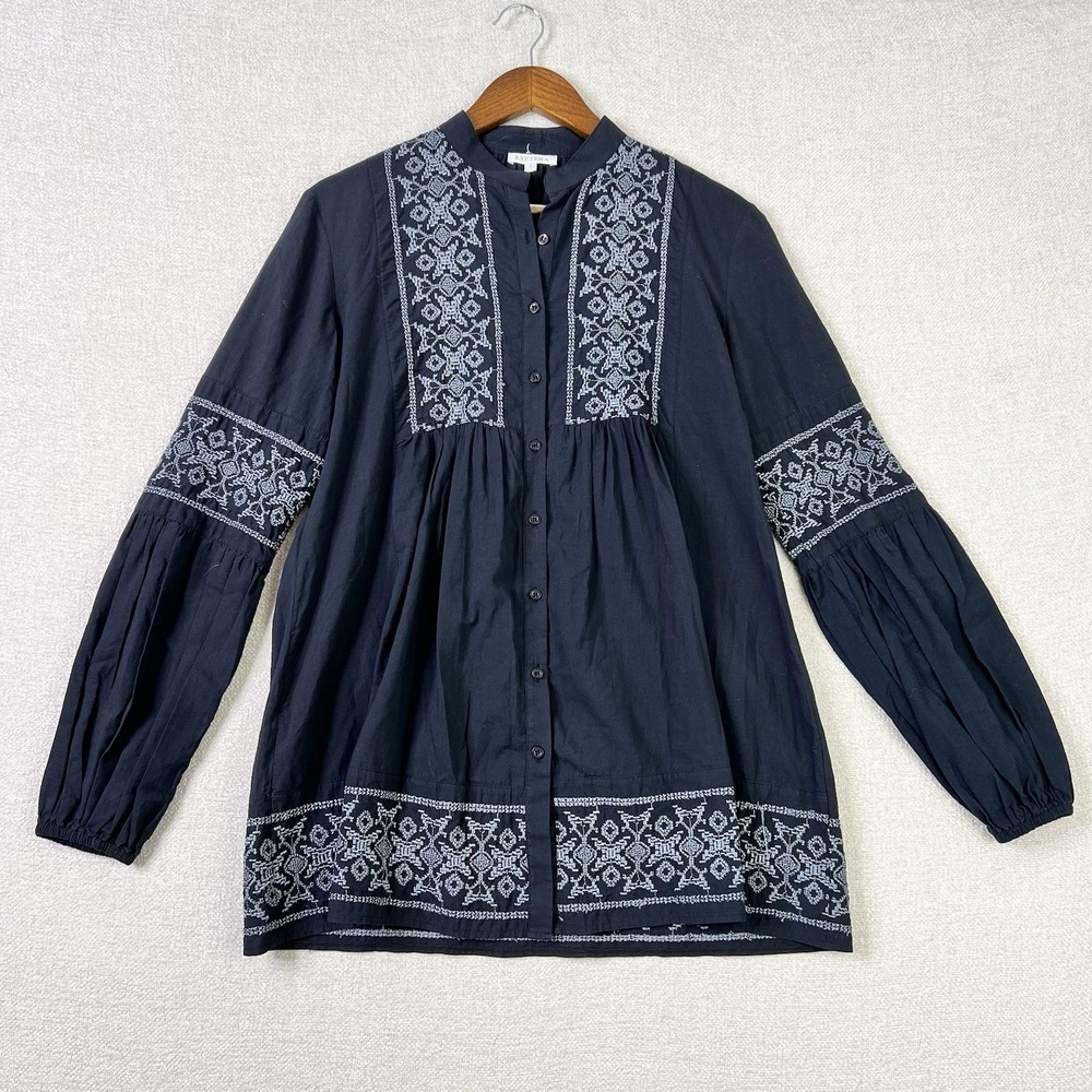 Etcetera 100% Cotton Embroidered Boho Peasant Button Front Long Sleeve Top Large